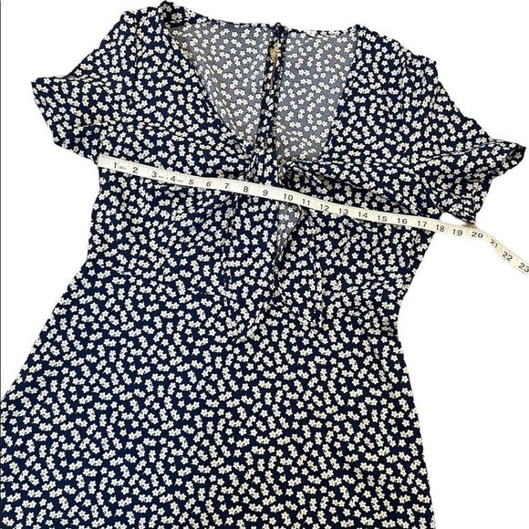 Navy Ditsy Floral Print Lightweight Deep V Tie Neck Short Sleeve Mini Dress S - Picture 6 of 8